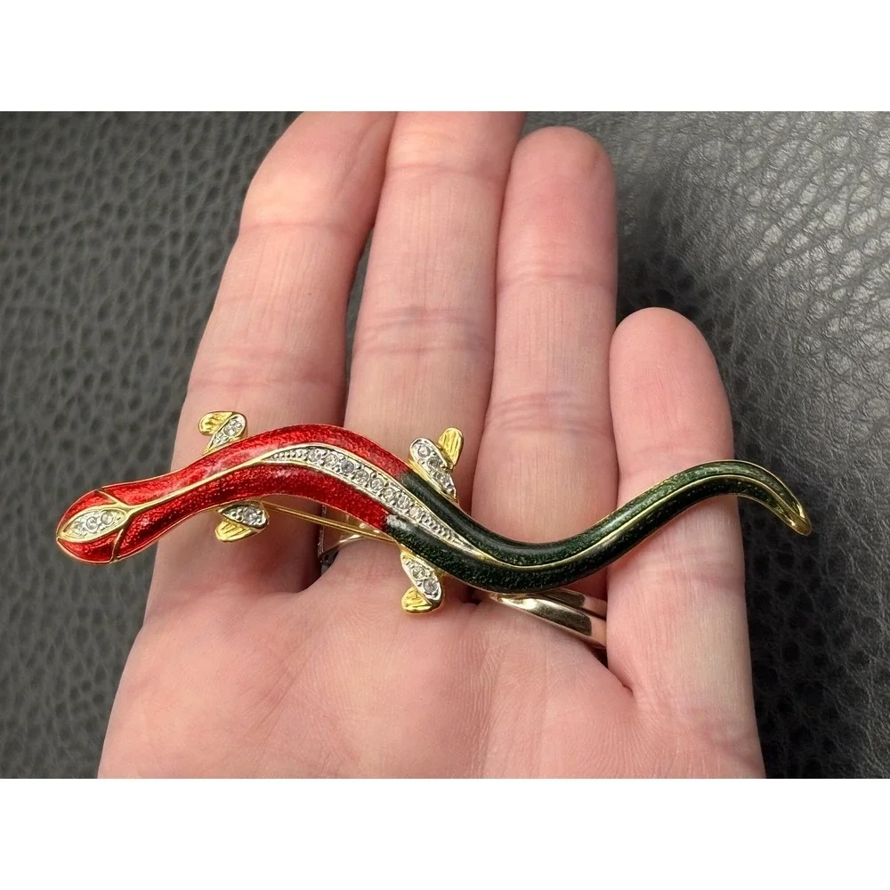 Vintage Red Green Enamel Rhinestone Crystal Lizard Salamander Brooch Pin